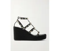 Rockstud Leather Wedge Sandals - Black