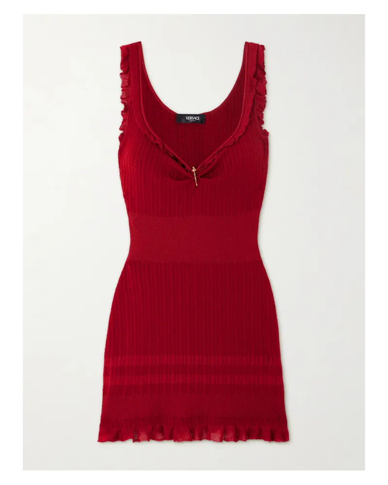 Versace Minikleid Aus Einer Wollmischung In Zopfstrick Mit Rüschen - Rot Rot