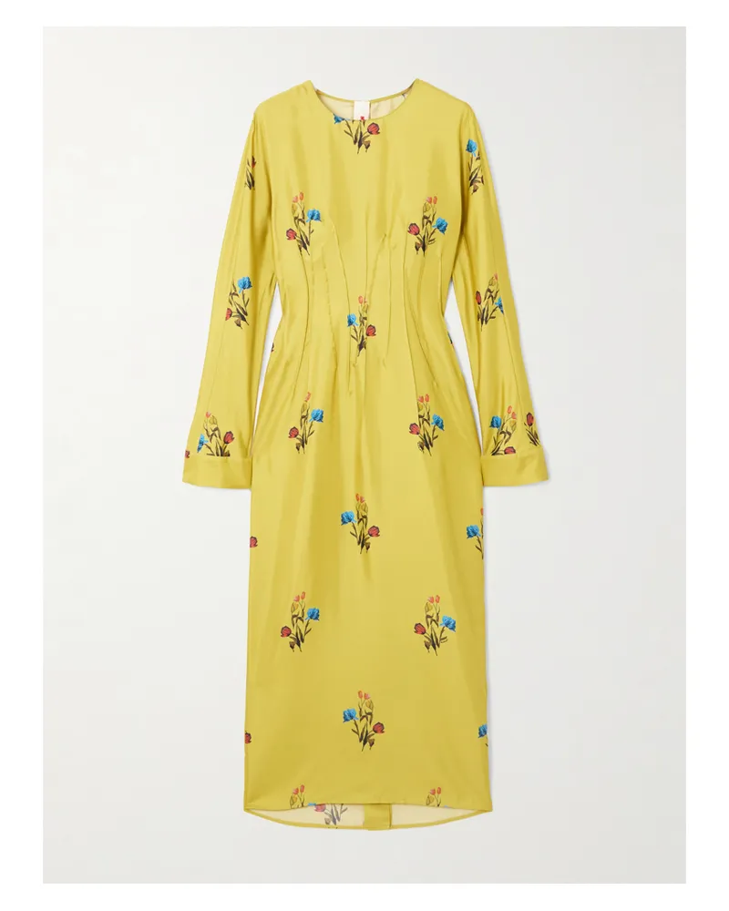 Marni Midikleid Aus Seiden-twill Mit Blumenprint - Gelb Gelb