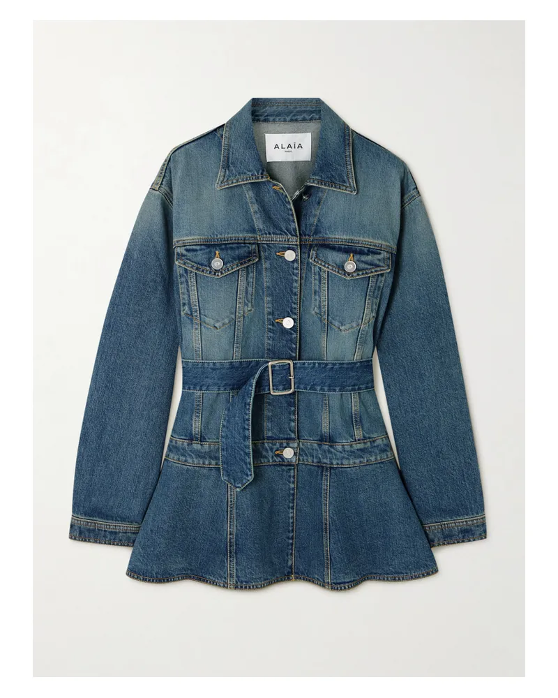 Alaïa Belted Denim Peplum Jacket - Blue Blue