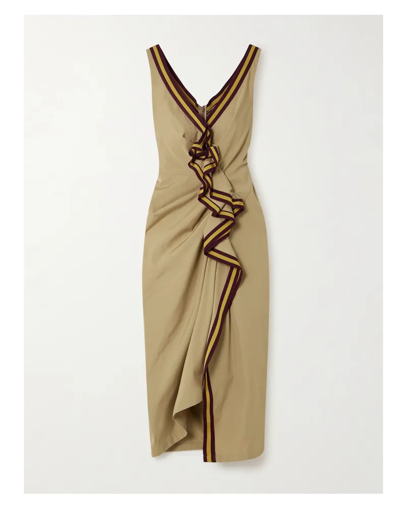 Dries van Noten Midikleid Aus Baumwoll-twill Mit Rüschen Und Gestreiften Ripsbandbesätzen - Neutral Neutral