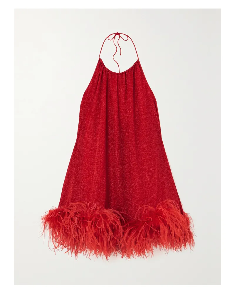 Oséree Lumière Neckholder-minikleid Aus Metallic-stretch-strick Mit Federn - Rot Rot