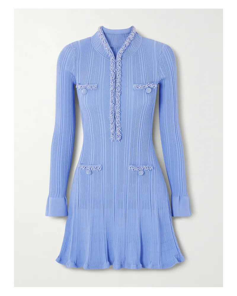 Self-Portrait Minikleid Aus Rippstrick Mit Kunstperlen - Blau Blau