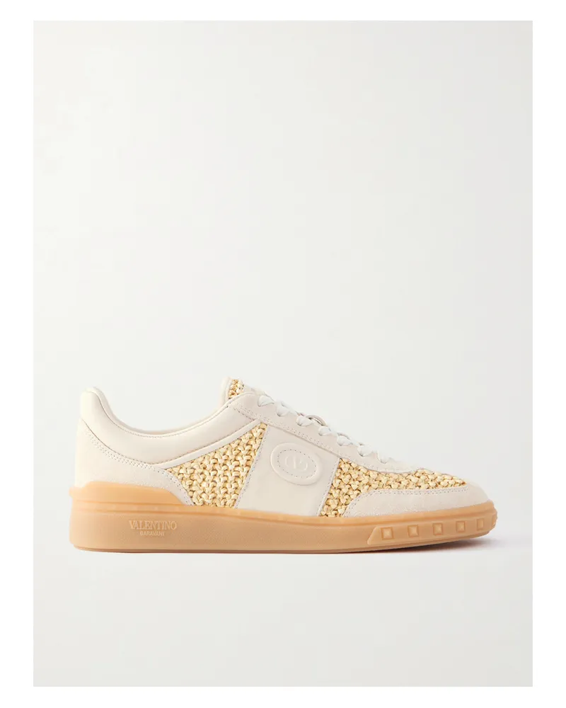 Valentino Garavani Upvillage Raffia-trimmed Suede Sneakers - Neutrals Neutrals