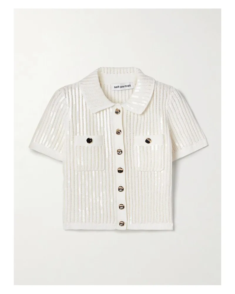 Self-Portrait Verkürztes Hemd Aus Einer Gehäkelten Baumwoll-kaschmirmischung Mit Pailletten - Weiß Weiß
