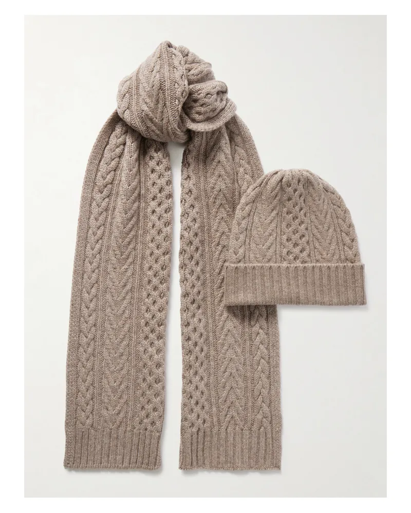 Johnstons of Elgin Cable-knit Cashmere Beanie And Scarf Set - Brown Brown