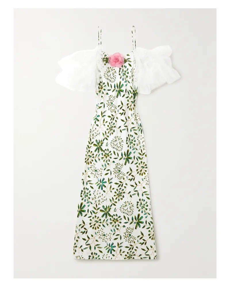 Rodarte Schulterfreies Midikleid Aus Seiden-twill Mit Blumenprint Und Tüllbesätzen - Grün Grün