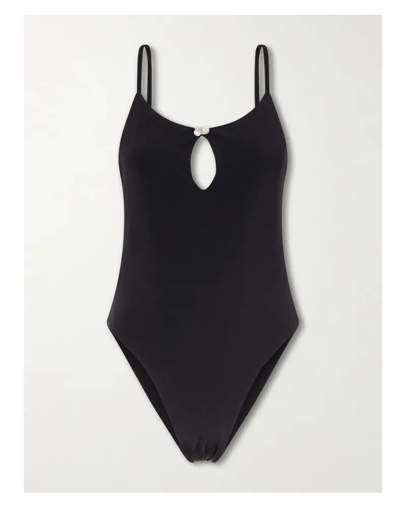 Sara Cristina Pearl Embellished Ribbed Swimsuit - Black Black