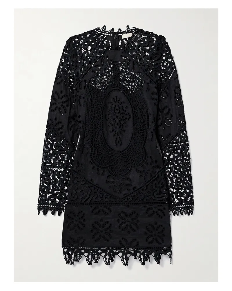 Ulla Johnson Eleni Minikleid Aus Leinen Mit Einsätzen Aus Guipure-spitze - Schwarz Schwarz