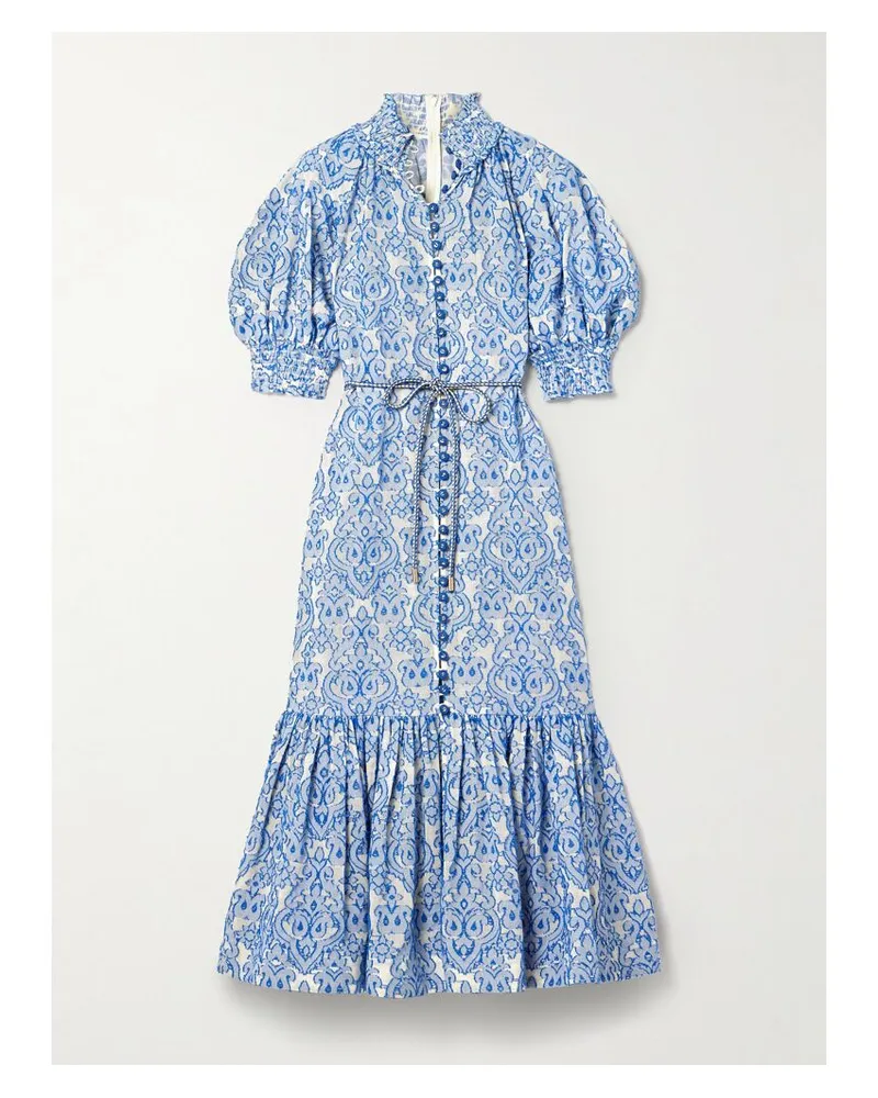 Zimmermann Wylie Midikleid Aus Baumwolle Mit Stickereien Und Bindegürtel - Blau Blau