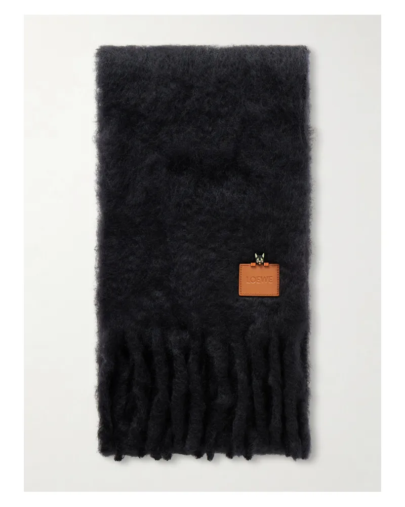 Loewe Appliquéd Embroidered Fringed Mohair-blend Scarf - Black Black
