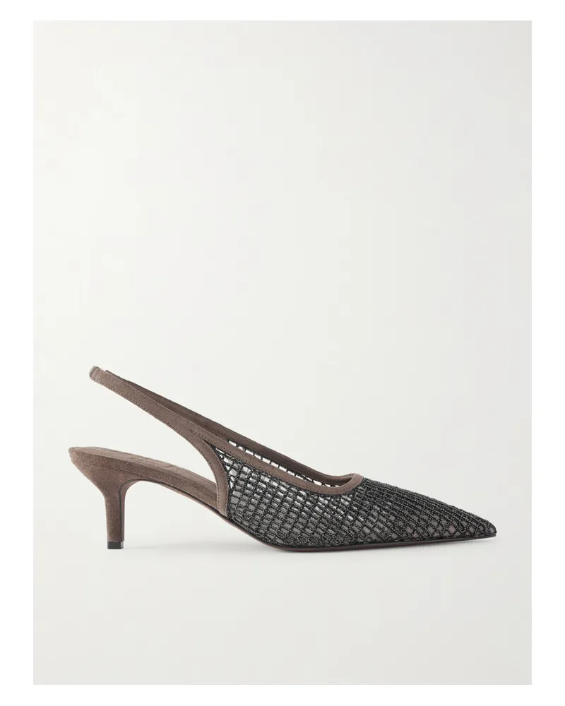 Brunello Cucinelli Embellished Suede-trimmed Mesh Slingback Pumps - Brown Brown