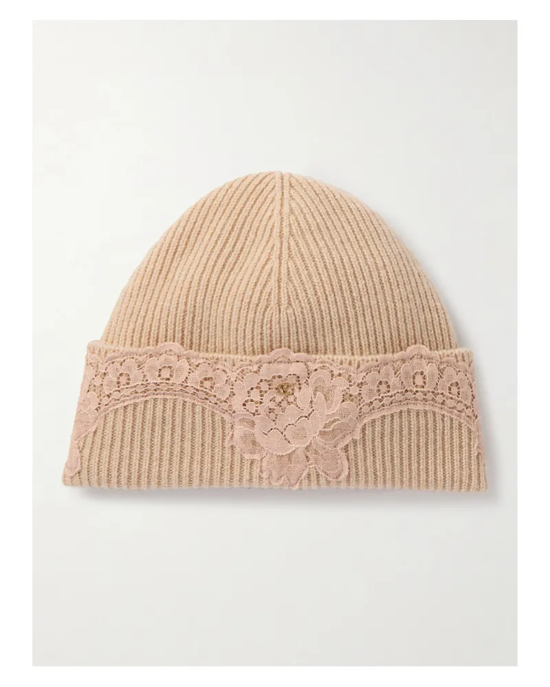 Valentino Garavani Beanie Aus Kaschmir In Rippstrick Mit Spitzenbesatz - Pink Pink