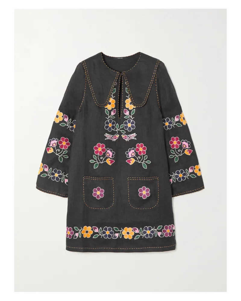 VITA KIN Corsica Minikleid Aus Leinen Mit Stickereien - Schwarz Schwarz
