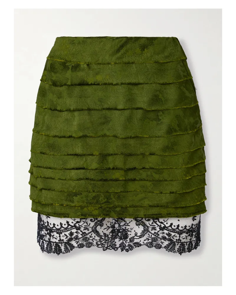 Saint Laurent Layered Cotton And Silk-blend Lace-trimmed Jacquard Mini Skirt - Green Green