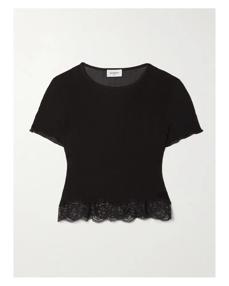 Saint Laurent Cropped Lace-trimmed Ribbed Silk Top - Black Black