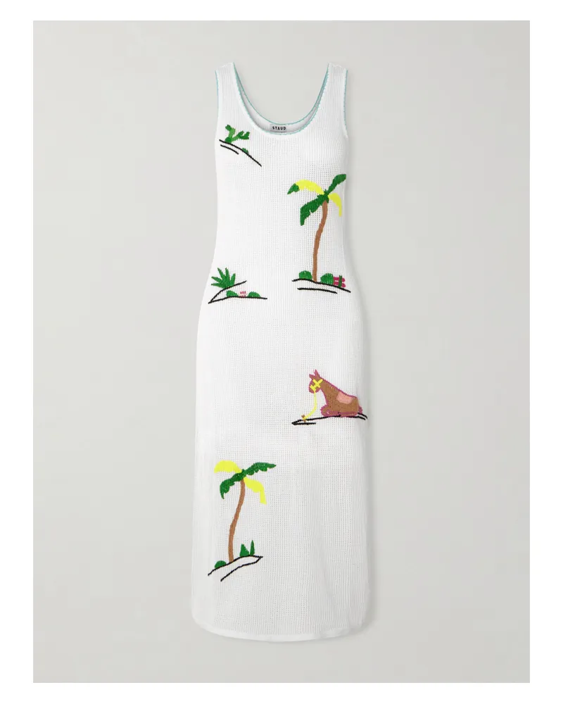 STAUD Luma Embroidered Open-knit Cotton Midi Dress - White White