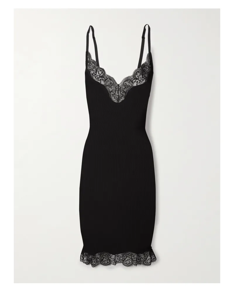 Saint Laurent Lace-trimmed Ribbed Silk-jersey Mini Dress - Black Black