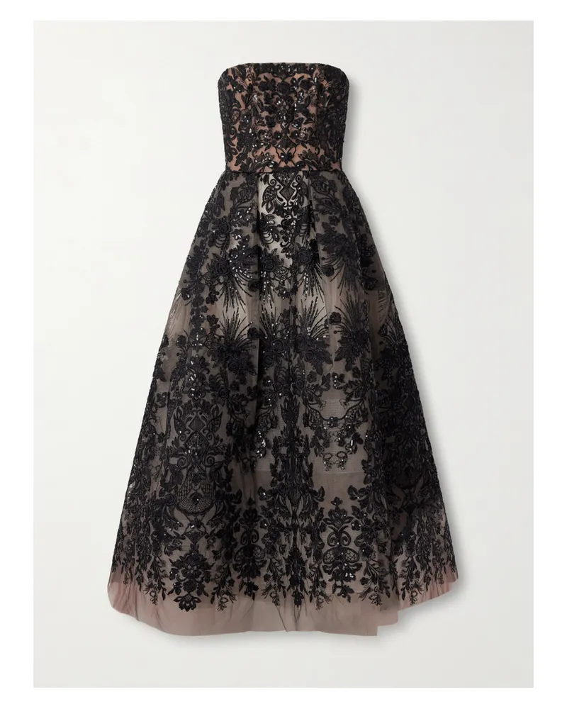 Elie Saab Strapless Sequin-embellished Embroidered Tulle Midi Dress - Black Black