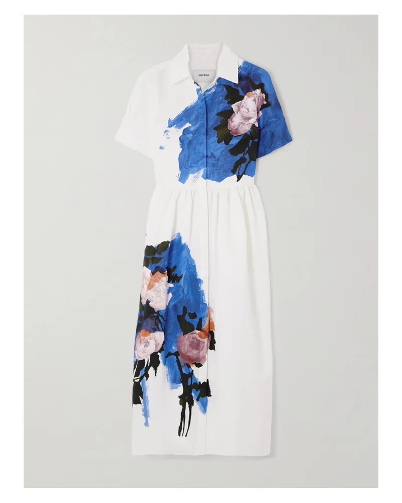 Erdem Hemdblusenkleid Aus Faille Aus Einer Baumwollmischung Mit Blumenprint Und Raffung - Blau Blau