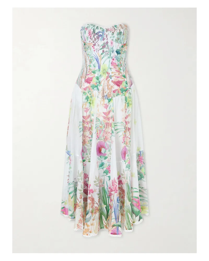 Charo Ruiz Illyr Off-the-shoulder Smocked Floral-print Cotton-blend Voile Midi Dress - White White