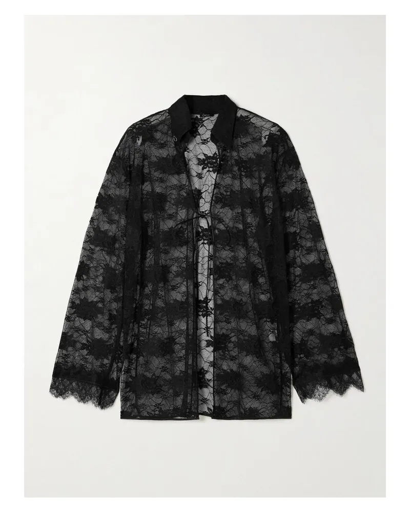 Oséree Hemd Aus Stretch-spitze Mit Satinbesäten Und Wellenkanten - Schwarz Schwarz