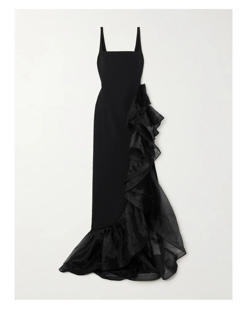 Safiyaa Derry Robe Aus Stretch-crêpe Mit Gerüschten Organzabesätzen - Schwarz Schwarz