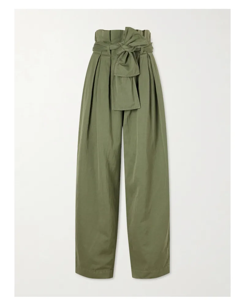 Balmain Belted Pleated Cotton And Linen-blend Twill Tapered Pants - Green Green