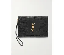 Cassandre Glossed Croc-effect Leather Pouch - Black