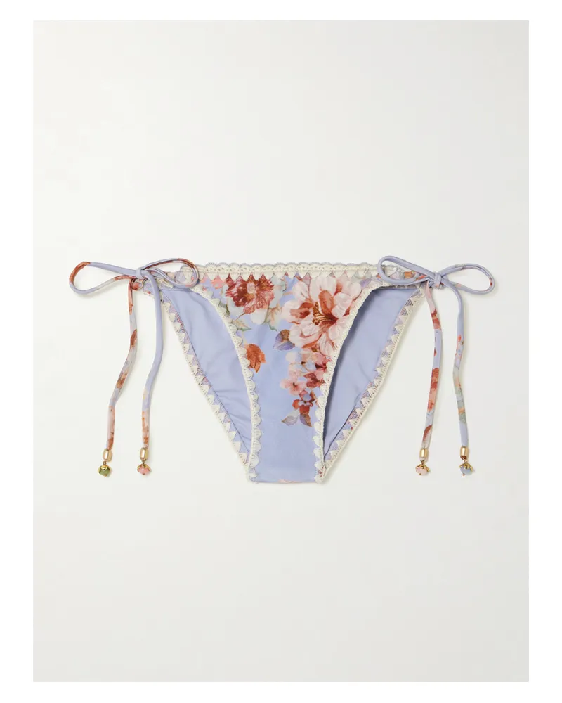 Zimmermann Awaken Crochet-trimmed Embellished Floral-print Bikini Briefs - Blue Blue