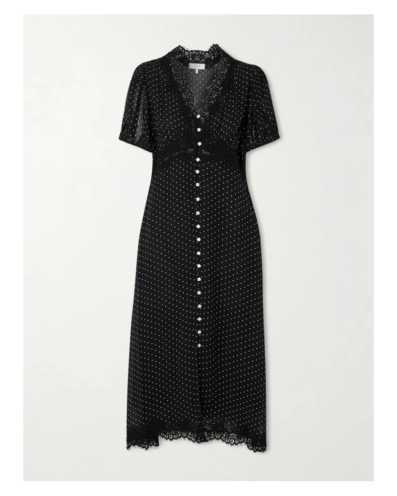Sea Melody Lace-trimmed Polka-dot Crepe De Chine Midi Dress - Black Black