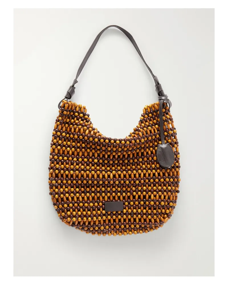 STAUD Drift Leather-trimmed Beaded Wood Shoulder Bag - Brown Brown