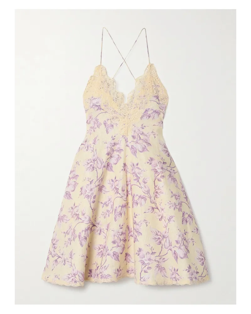 Zimmermann Halliday Minikleid Aus Leinen Mit Blumenprint Und Spitzenbesätzen - Creme Creme