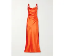 Shoulders Embellished Silk Dress - Red