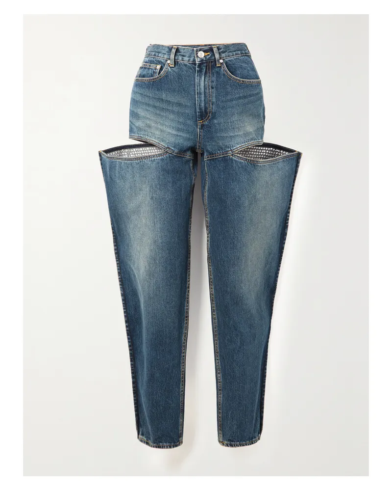 Area Hoch Sitzende Jeans Mit Weitem Bein, Cut-outs Und Kristallen - Blau Blau