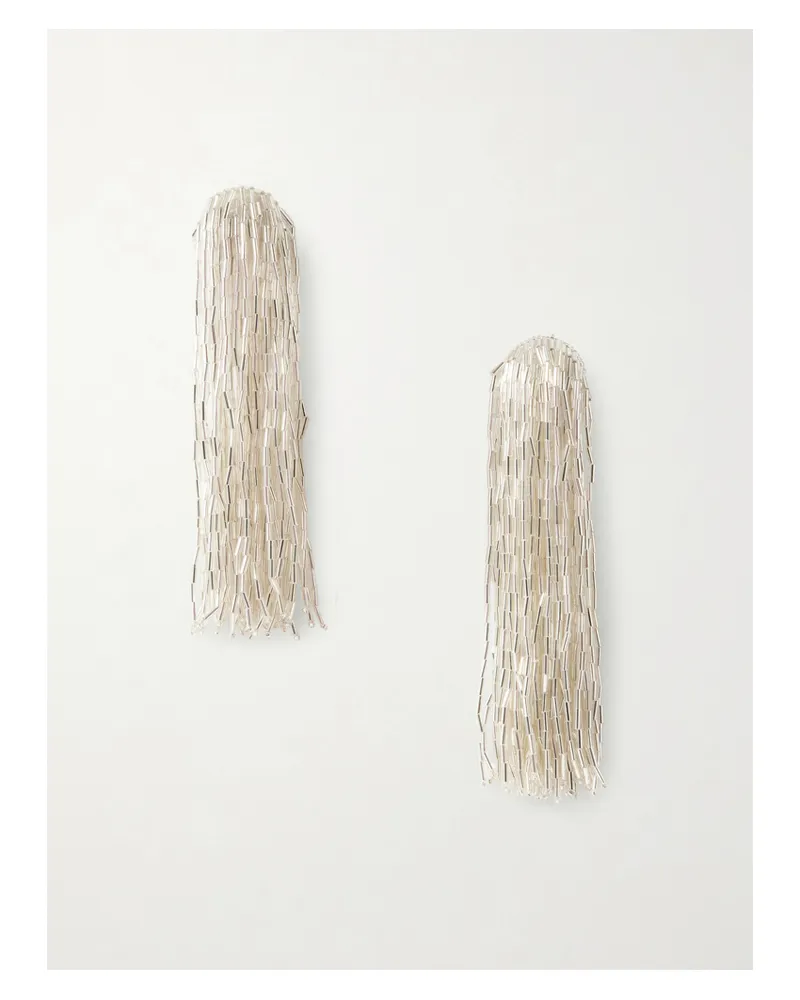 Oscar de la Renta Tassel Beaded Silver-tone Crystal Clip Earrings Silver