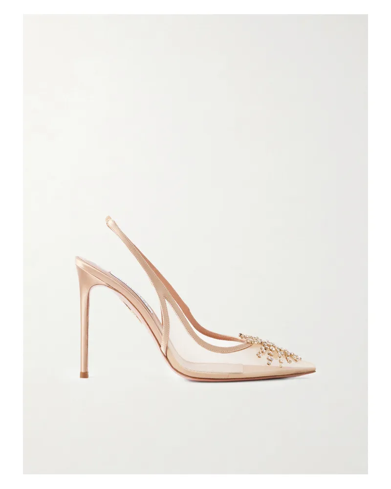Aquazzura Firework 105 Crystal-embellished Satin-trimmed Mesh Pumps - Neutrals Neutrals