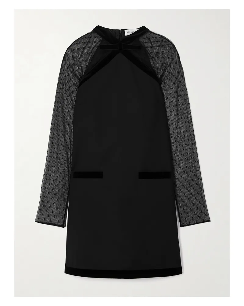 Nina Ricci Minikleid Aus Wollgabardine Und Tüll Mit Punkten, Schleife Und Samtbesätzen - Schwarz Schwarz