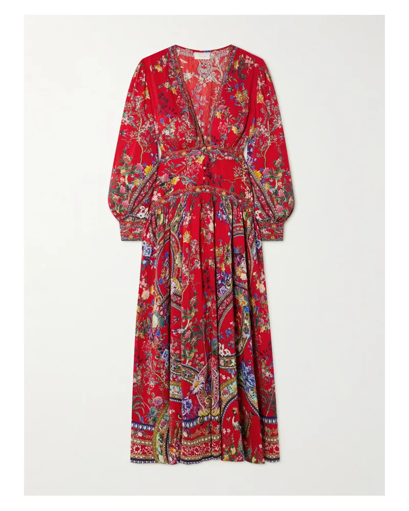 Camilla Maxikleid Aus Crêpe De Chine Aus Seide Mit Blumenprint Und Verzierungen - Rot Rot