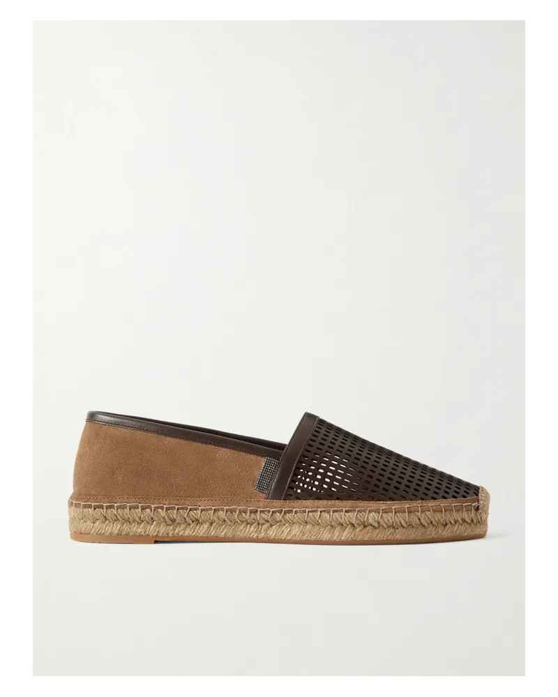 Brunello Cucinelli Espadrilles Aus Veloursleder Und Lasergeschnittenem Leder Mit Zierperlen - Braun Braun