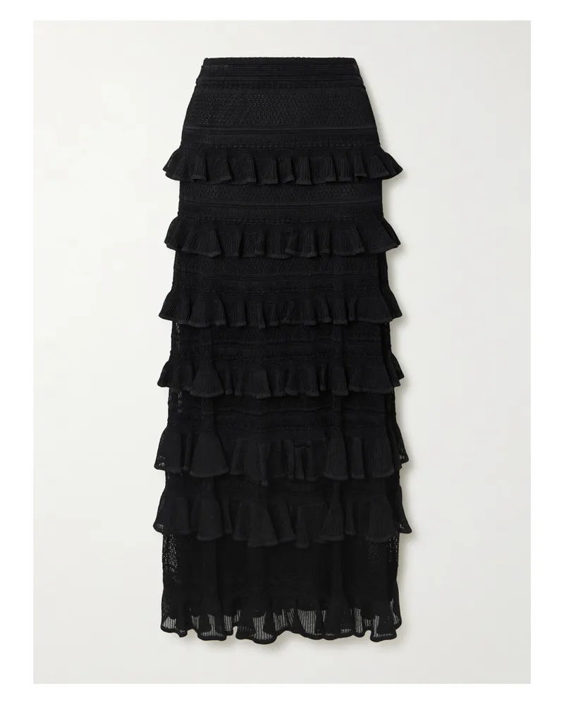 Zimmermann Luna Ruffled Crocheted Midi Skirt - Black Black