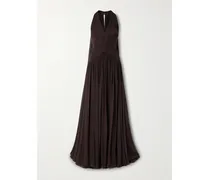 Cape-effect Gathered Silk-georgette Gown - Brown