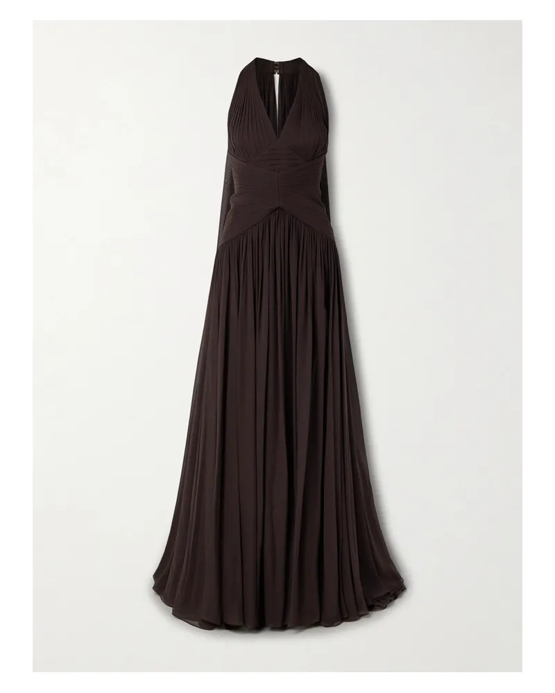 Elie Saab Cape-effect Gathered Silk-georgette Gown - Brown Brown
