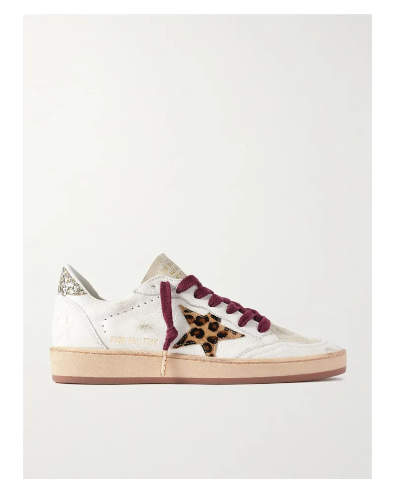 Golden Goose Ball Star Distressed Glittered Calf Hair And Suede-trimmed Leather Sneakers - White White