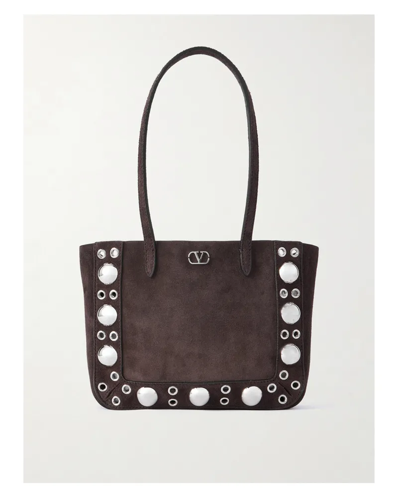 Valentino Garavani Nellcôte Mini Embellished Suede Tote - Brown Brown