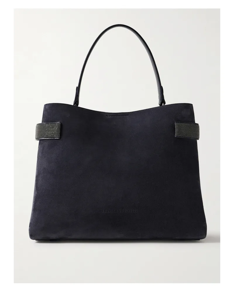 Brunello Cucinelli Bead-embellished Suede Shoulder Bag - Blue Blue