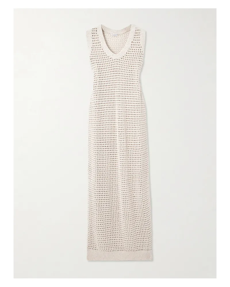 Brunello Cucinelli Midikleid Aus Einer Baumwollmischung In Lochstrick Mit Pailletten - Elfenbein Elfenbein