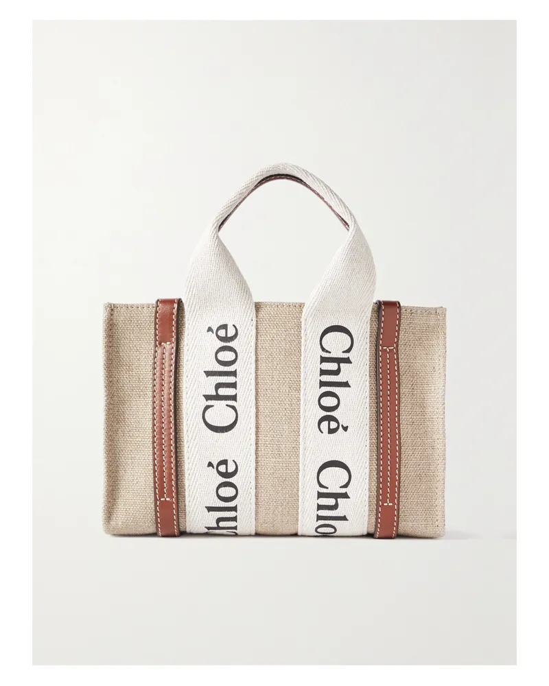 Chloé Net Sustain Woody Mini Leather-trimmed Linen Tote - Brown Brown