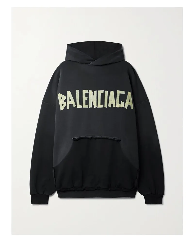Balenciaga Oversized-hoodie Aus Baumwoll-jersey Mit Prints Und Distressed-details - Schwarz Schwarz
