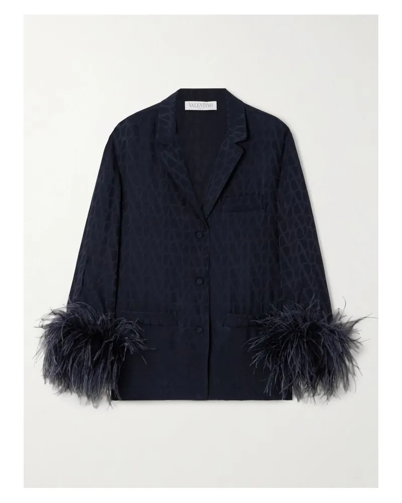 Valentino Garavani Hemd Aus Seidensatin Mit Jacquard-muster Und Federn - Blau Blau